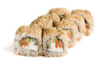rolls with fish and filling on a white background