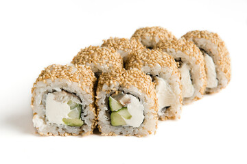 rolls with fish and filling on a white background