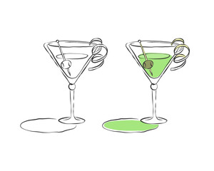 Two types martini glass. Drink element. Black white and color object. Wineglass beverage with olive on a skewer. Hand draw simple sketch. Isolated illustration on white background in engraving style