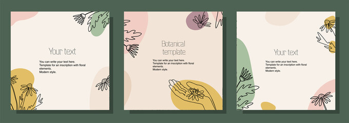 Fototapeta na wymiar Illustration botanical set of square templates for postcards, cards, text placement. Minimalistic modern style.