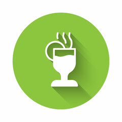 White Mulled wine with glass of drink and ingredients icon isolated with long shadow. Cinnamon stick, clove, lemon slice. Green circle button. Vector