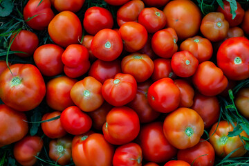 a cluster of tomatoes lying in a bunch on the grass. High quality photo
