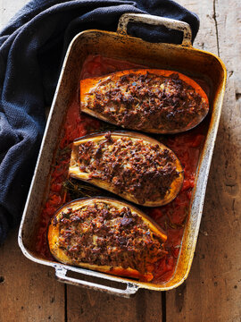 Aubergines stuffed with mince