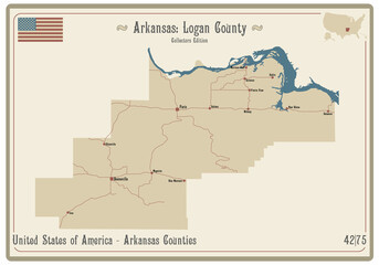 Map on an old playing card of Logan county in Arkansas, USA.