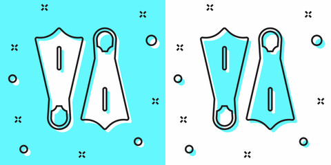 Black line Rubber flippers for swimming icon isolated on green and white background. Diving equipment. Extreme sport. Sport equipment. Random dynamic shapes. Vector © Kostiantyn