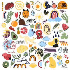 Various Leaves and Flowers, abstract shapes. Ink painting style. Childish cartoon organic shapes. Freehand art with people faces, floral art, tropical summer blob set.