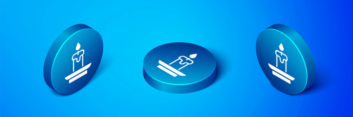 Isometric Burning candle icon isolated on blue background. Cylindrical aromatic candle stick with burning flame. Happy Halloween party. Blue circle button. Vector