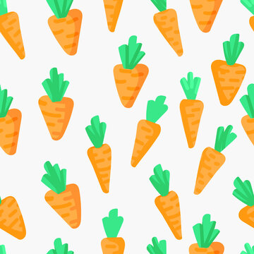 colored bright seamless pattern with the image of carrots and spots on a white background. suitable for clothing, printed materials and web design