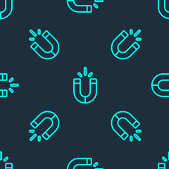 Green line Magnet icon isolated seamless pattern on blue background. Horseshoe magnet, magnetism, magnetize, attraction. Vector