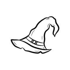 Simple hand drawn witch hat. Black outline witch hat isolated on white background. Doodle style. Halloween symbol for any purposes. Vector illustration.