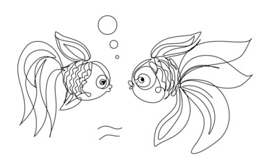 Couple of gold fishes in continuous line drawing. Sketchy fish pair . Outline simple artwork with editable stroke. Vector.