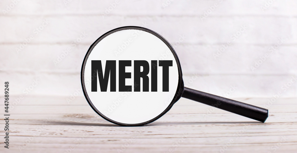 Poster the magnifying glass stands vertically on a light background with the text merit