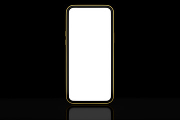 Realistic gold smartphone with blank white screen isolated on black background