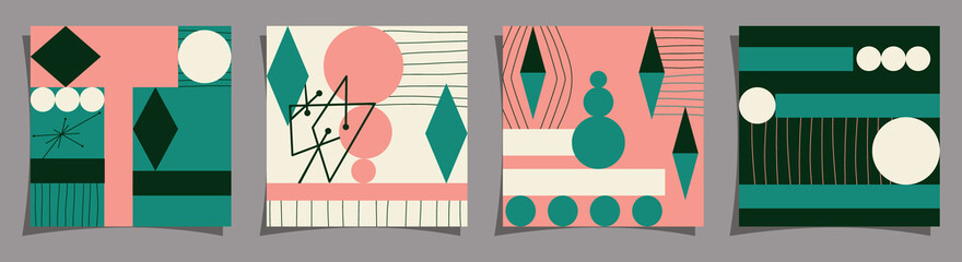 Geometric abstraction Mid-Century Modern style design set of covers. Vector illustration of simple shapes in retro vintage style