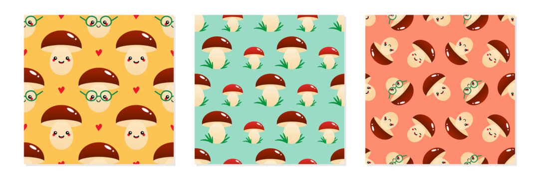 Set, collection of three vector seamless pattern backgrounds with mushroom characters and growing mushrooms for nature and food design.
