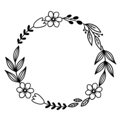 Vector floral frame with branches and flowers. Outline drawing. Line vector illustration. Isolated on white background. Design of invitations, wedding or greeting cards.