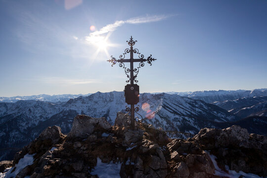 Summit cross of Auerspitze mountain in Bavaria, Germany