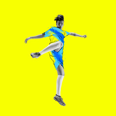 Young man, soccer footbal player in drawn sports uniform isolated on yellow background. Illustration, painting. Concept of sport, game, action and modern art