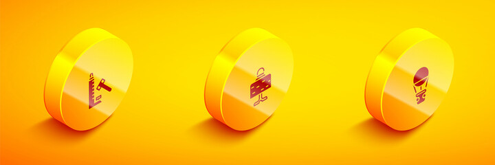 Set Isometric Striker attraction with hammer, Magic ball table and Hot air balloon icon. Vector