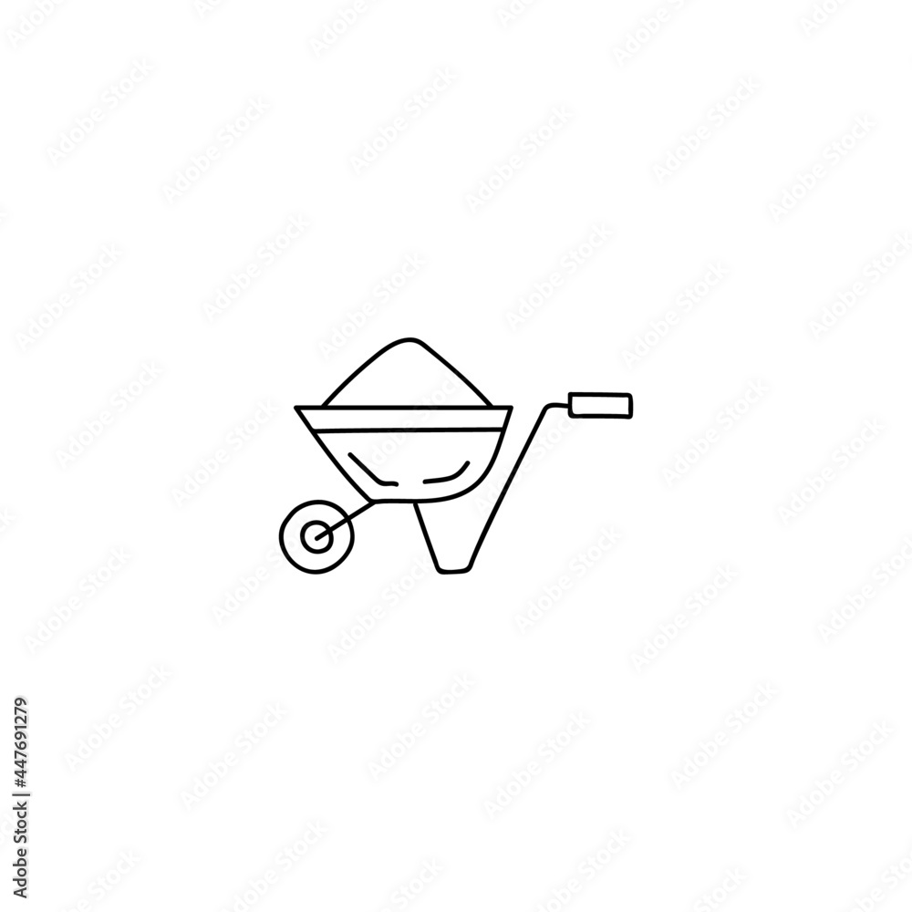 Poster Emty Barrow construction, wheelbarrow icon in flat black line style, isolated on white background 