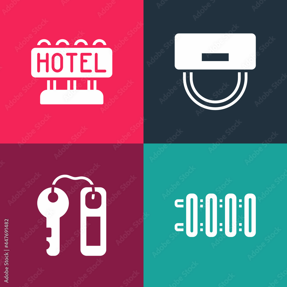 Sticker Set pop art Heating radiator, Hotel door lock key, Bellboy hat and Signboard with text icon. Vector