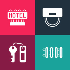 Set pop art Heating radiator, Hotel door lock key, Bellboy hat and Signboard with text icon. Vector