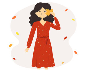 Cartoon girl in a dress holding a maple-leaf