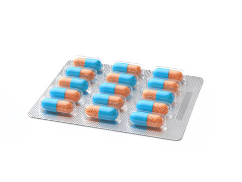Closeup of pharmaceutical blister pack with fifteen pills isolated on white. Photorealistic 3d illustration