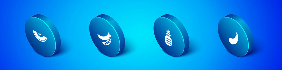 Set Isometric Melon fruit, Pineapple, Eggplant and Green peas icon. Vector