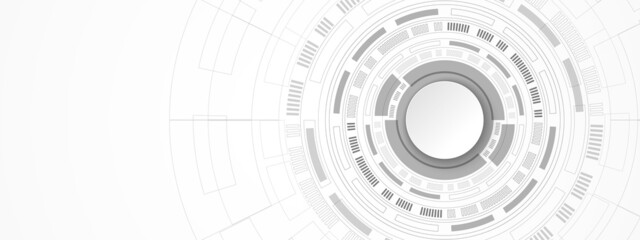Obraz premium Abstract Technology Background, white circle banner on grey and digital circle and circuit board, blank space
