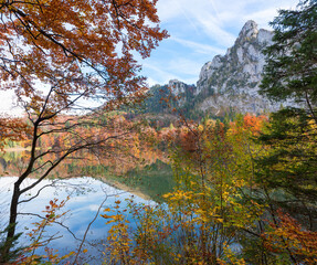 idyllic autumnal scenery lake Laudachsee Grunberg, view to Katzenstein mountain, austria