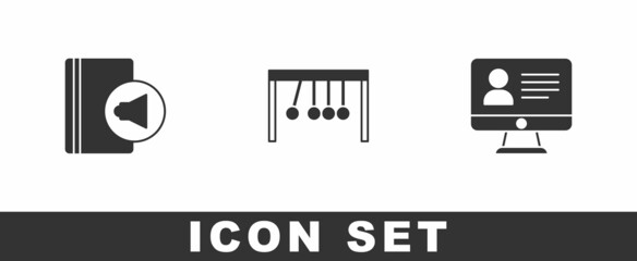Set Audio book, Pendulum and Online class icon. Vector