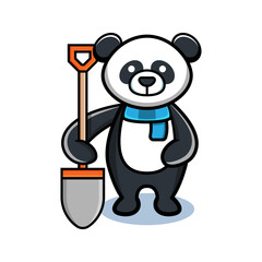 cartoon animal cute panda holding a shovel