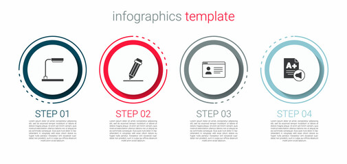 Set Table lamp, Pencil with eraser, Online class and Exam sheet A plus grade. Business infographic template. Vector