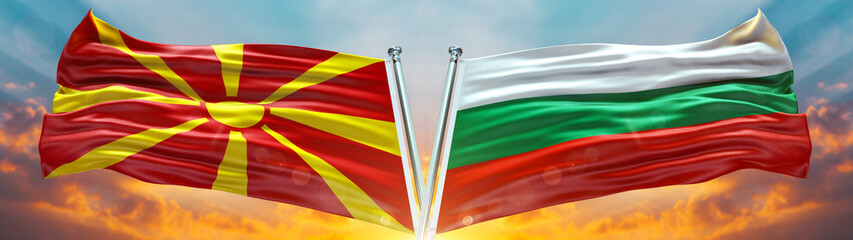 Macedonia Flag and Bulgaria flag waving with texture sky Cloud and sunset Double flag  