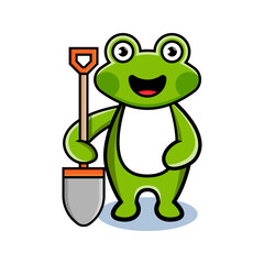 cartoon animal cute frog holding a shovel