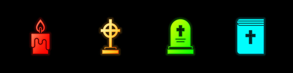Set Burning candle, Grave with cross, tombstone and Holy bible book icon. Vector