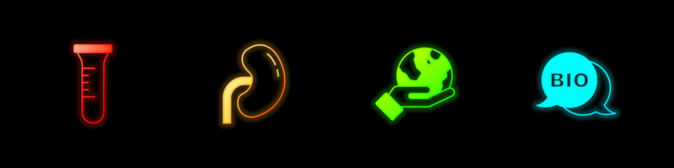 Fototapeta premium Set Test tube and flask, Human kidney, Hand holding Earth globe and Bio healthy food icon. Vector