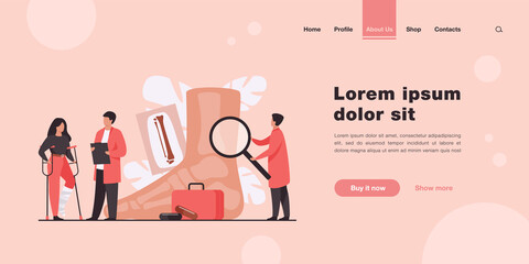 Podiatrist examining ankle and foot of female patient. Woman on crutches with plaster on leg consulting doctor with X ray. Vector illustration for treatment, podiatry, disease, health care concept