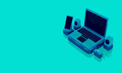 Isometric 3D illustration with light blue dominant color, showing objects in the form of electronic communication tools, This illustration is good for technology or future-themed backgrounds.