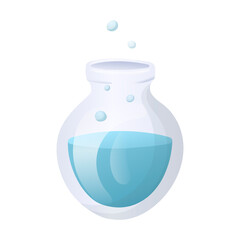 Vector cartoon image of a glass flask for chemical experiments with a liquid or reagent inside. Laboratory glassware for school or university.