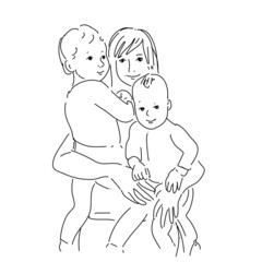 Woman with children in line drawing. Sketchy maternity concept. Outline simple artwork with editable stroke. Vector.