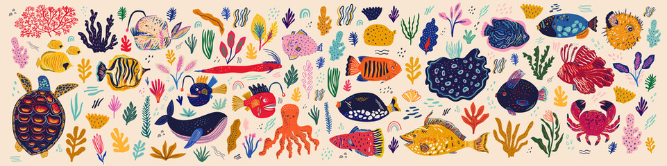 Unterwasserwelt. Vektorsammlung mit Fischen und Algen im Cartoon-Stil