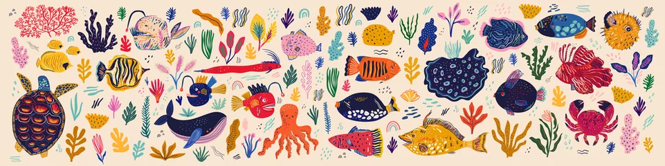 Abwaschbare Fototapete Meeresleben Unterwasserwelt. Vektorsammlung mit Fischen und Algen im Cartoon-Stil