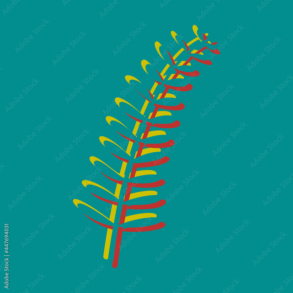 Poster olive twig sign. pseudo 3d embossed icon with citrine and persian red colors on dark cyan background