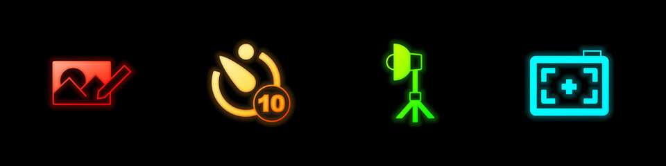Obraz premium Set Photo retouching, Camera timer, Softbox light and camera icon. Vector