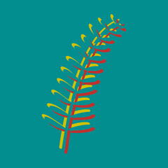 Olive twig sign. Pseudo 3d embossed icon with citrine and persian red colors on dark cyan background. Illustration.