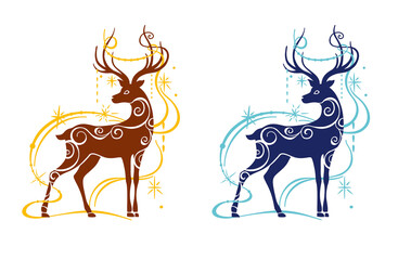 Christmas illustration, magic deer logo,  party invitation, deer shape, vector