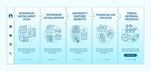 Job training program funding onboarding vector template. Responsive mobile website with icons. Web page walkthrough 5 step screens. University partnerships color concept with linear illustrations