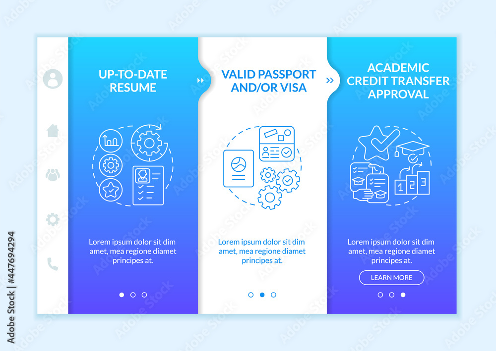 Poster traineeship abroad must-haves onboarding vector template. responsive mobile website with icons. web 